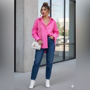 GOOD AMERICAN Coated Poplin Weekend Longsleeve Shirt Relaxed 7/8 Knockout Pink